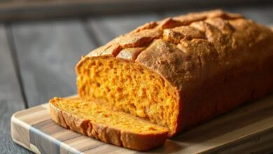 Um pão de cenoura sem glúten e sem lactose inteiro, com casca dourada e textura fofinha, fatiado ao meio, servido em uma tábua de madeira rústica.