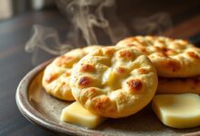 Quatro pães redondos e dourados, com casca levemente crocante e textura macia, servidos em um prato rústico com um pedaço de manteiga ao lado.