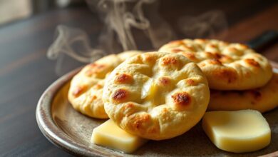 Quatro pães redondos e dourados, com casca levemente crocante e textura macia, servidos em um prato rústico com um pedaço de manteiga ao lado.