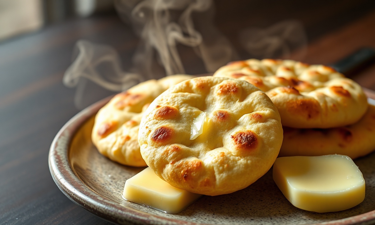Quatro pães redondos e dourados, com casca levemente crocante e textura macia, servidos em um prato rústico com um pedaço de manteiga ao lado.