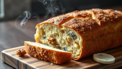 Um pão retangular dourado, fatiado, revelando um interior macio com pedaços de queijo azul derretido e nozes, servido em uma tábua de madeira.
