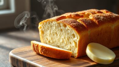 Pão de amido de milho dourado e aerado fatiado em uma mesa de café da manhã.