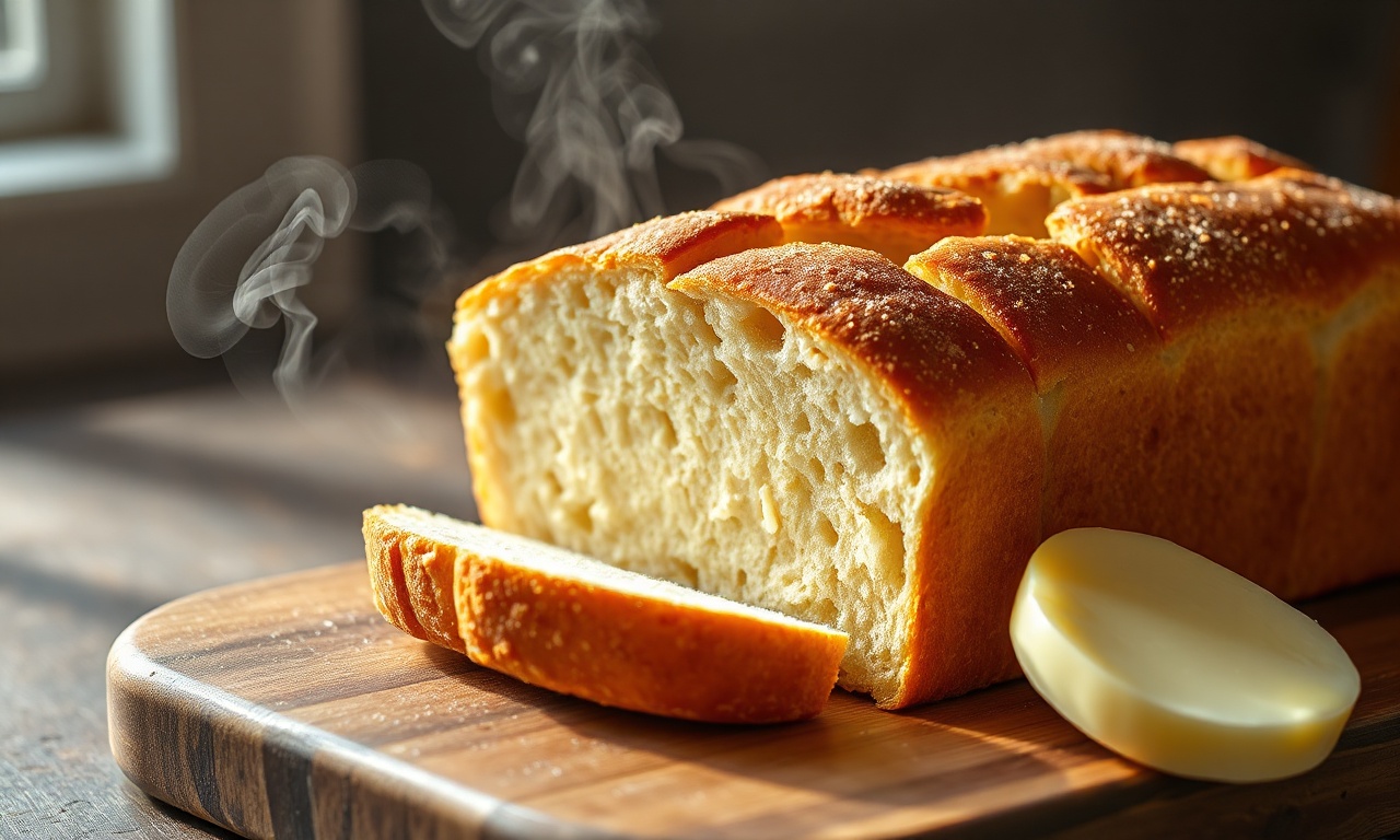 Pão de amido de milho dourado e aerado fatiado em uma mesa de café da manhã.
