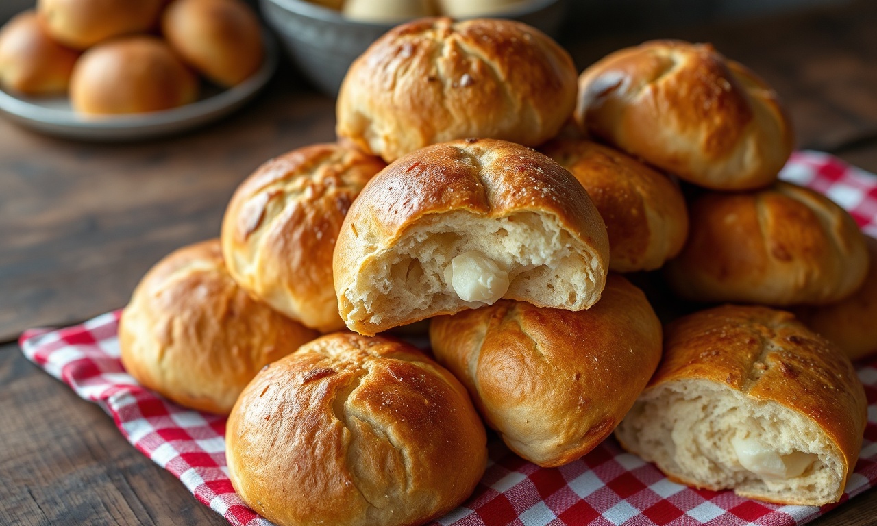 Pão De Mandioca Da Roça: Fofinho E Com Casquinha Dourada 3 Pãezinhos de mandioca dourados, fofinhos e com uma casquinha levemente rachada, dispostos sobre um pano de prato de algodão.