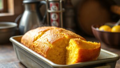 O pão de milho inteiro, dourado e fofinho, recém-saído do forno, fatiado para revelar o interior úmido.