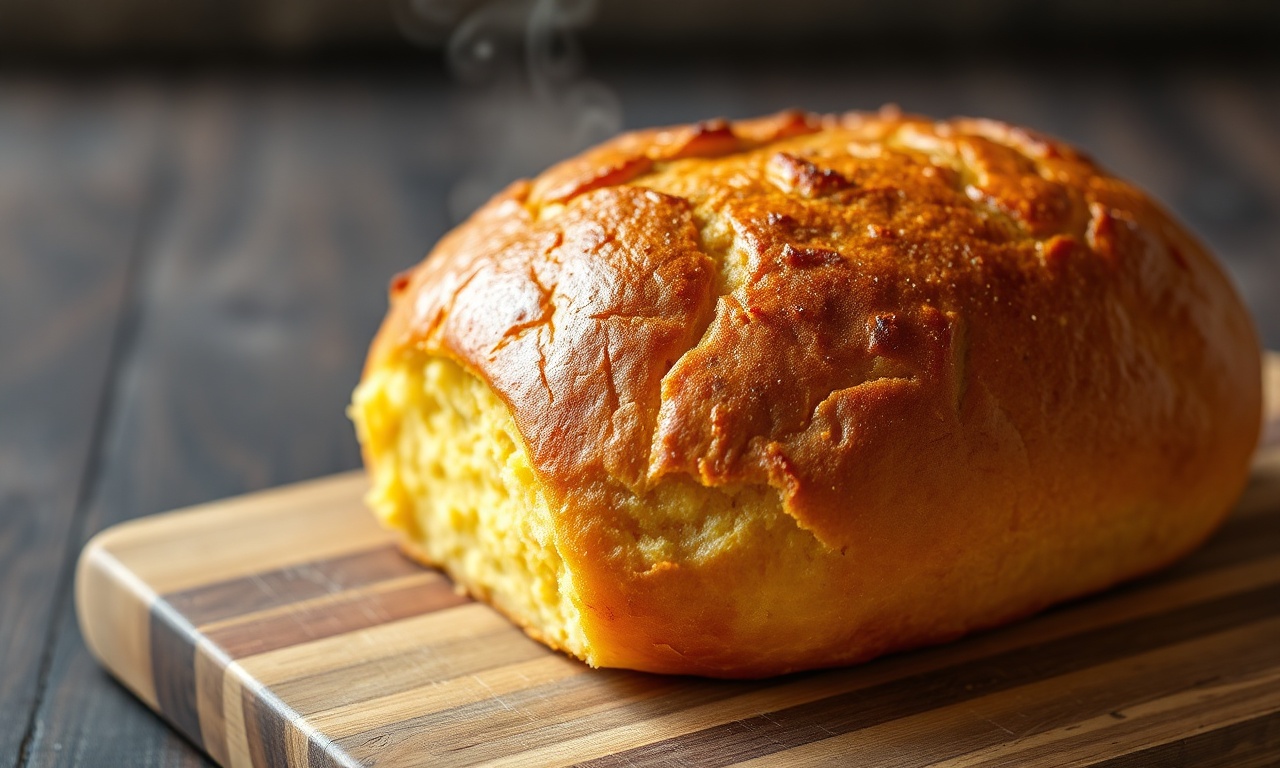 Pão de milho caseiro dourado e macio, com fatias generosas mostrando o miolo fofinho e amarelado.