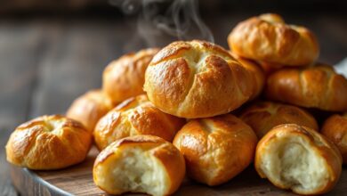 Pães de queijo dourados, com casca rachada e levemente crocante, ainda fumegantes sobre uma superfície rústica.