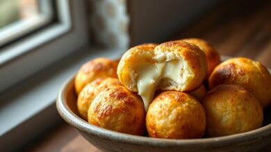 Bolinhas de pão de queijo douradas e com crosta, uma delas aberta para mostrar o interior elástico e puxa.