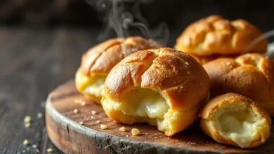 Bandeja de pães de queijo dourados, com casca levemente rachada e interior elástico.