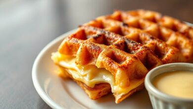 Waffle dourado e crocante feito com massa de pão de queijo, com queijo derretido visível nas bordas, servido em um prato rústico.