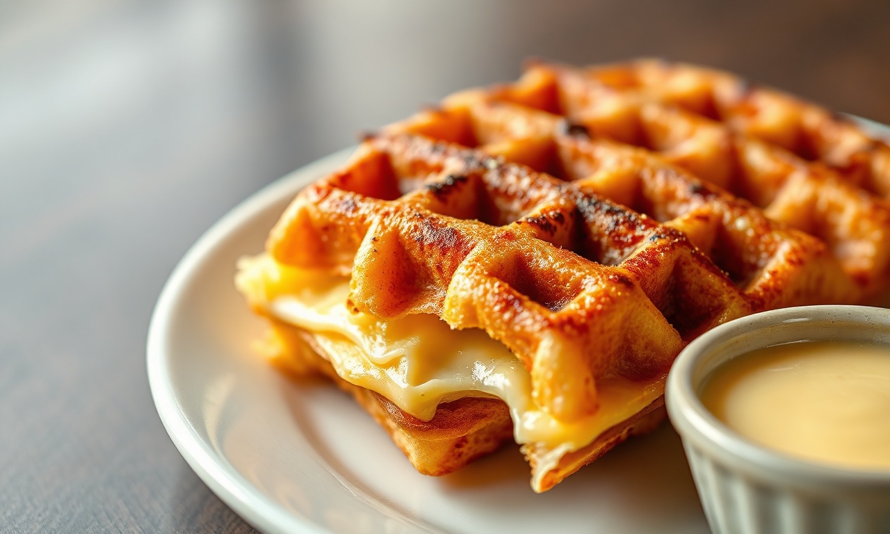Waffle dourado e crocante feito com massa de pão de queijo, com queijo derretido visível nas bordas, servido em um prato rústico.