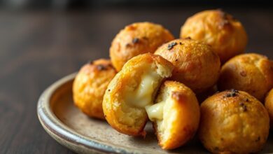 Pães de queijo reaquecidos com casca dourada e interior macio, prontos para servir.