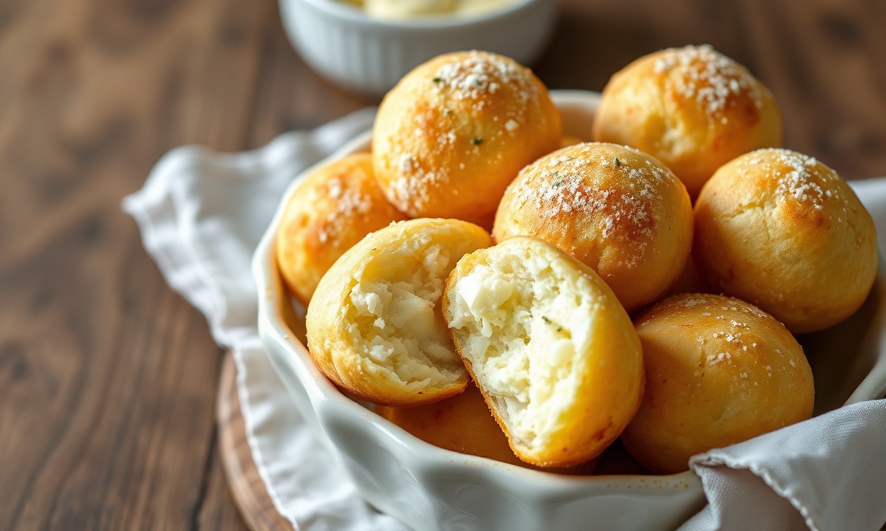 Pão De Queijo Fit De Tapioca: Fofinho Com 5 Ingredientes 3 Bolinhas douradas e fofinhas de pão de queijo fit, com textura macia por dentro e levemente crocante por fora.