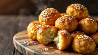 Pães de queijo fit perfeitamente dourados, com casca crocante e interior macio, dispostos sobre uma tábua de madeira rústica.