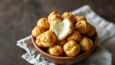 Bolinhas douradas de pão de queijo fit, com interior macio e aerado visível, servidas em tigela artesanal.