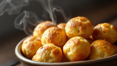 Bolinhas douradas de pão de queijo fit, com casca levemente crocante e interior macio e puxa-puxa, servidas em uma tigela rústica.