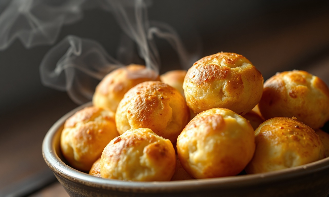 Bolinhas douradas de pão de queijo fit, com casca levemente crocante e interior macio e puxa-puxa, servidas em uma tigela rústica.