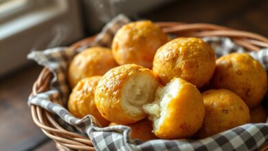 Cesto rústico com bolas douradas de pão de queijo, uma partida ao meio revelando o interior macio e elástico.
