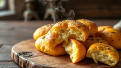 Pães de queijo dourados com textura elástica sendo partidos ao meio