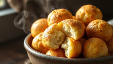 Uma tigela cheia de pães de queijo dourados, com casquinha craquelada e interior fofo, soltando vapor.