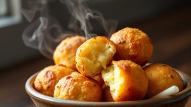 Bolinhas douradas de pão de queijo com casca rachada e crocante, prontas para servir.