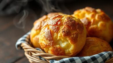 Pães de queijo dourados e estufados, com casca crocante rachada e interior elástico, servidos em cesto rústico.