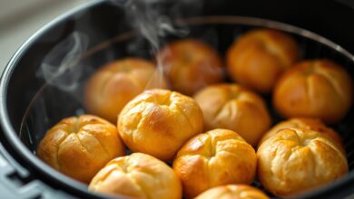 Pães de queijo dourados, inchados e crocantes, prontos para servir.