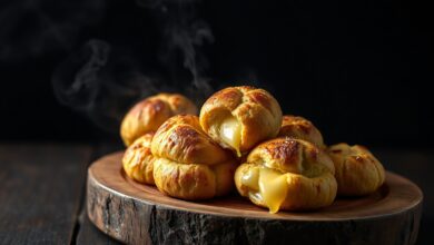 Uma fornada de pães de queijo dourados, com a casquinha rachada revelando o interior elástico e puxa-puxa.