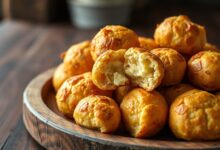 Pães de queijo veganos dourados e fofinhos, com casca levemente trincada revelando o interior puxa-puxa, dispostos sobre uma assadeira de madeira rústica.