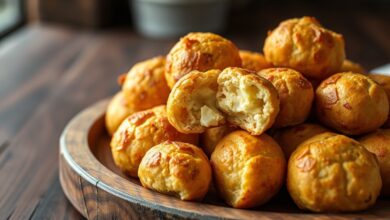Pães de queijo veganos dourados e fofinhos, com casca levemente trincada revelando o interior puxa-puxa, dispostos sobre uma assadeira de madeira rústica.