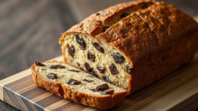 Pão dourado com corte longitudinal, fatiado para revelar a miolagem úmida repleta de pedaços de chocolate derretido e tâmaras caramelizadas.