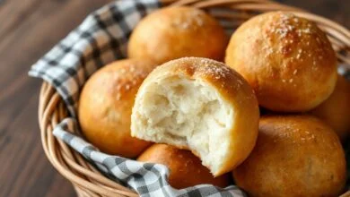 Pãozinhos dourados e macios, com interior aerado, servidos em um cesto rústico.
