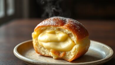 Pão doce dourado e fofinho, cortado ao meio para revelar o recheio cremoso de baunilha, servido em um prato de cerâmica rústico.