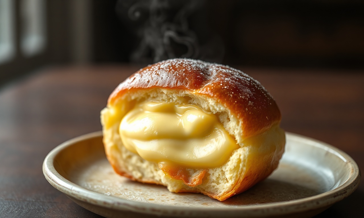 Pão Doce Recheado Com Creme: Fofinho Em 60 Minutos 3 Pão doce dourado e fofinho, cortado ao meio para revelar o recheio cremoso de baunilha, servido em um prato de cerâmica rústico.