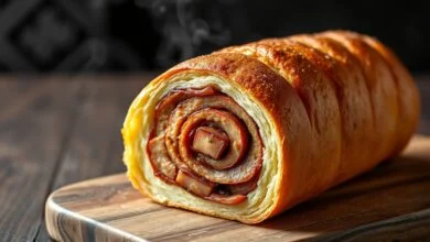 Um pão folar português dourado e alto, fatiado para revelar o recheio defumado de linguiça e toucinho, servido em uma tábua de madeira rústica.