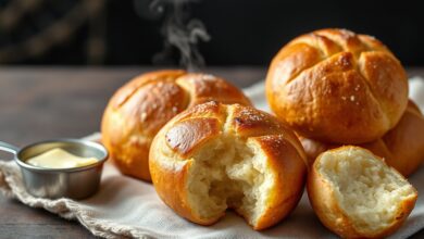 Pães dourados com casca rachada e miolo fofo, servidos quentinhos.