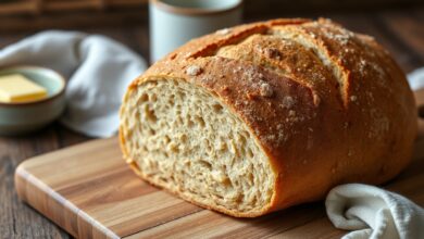 Um pão integral caseiro redundo, com casca dourada e brilho sutil de azeite, fatiado para revelar um miolo fofo e macio, apresentado sobre uma tábua de madeira rústica.
