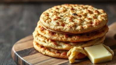 Pãezinhos integrais dourados e inflados, com casquinha crocante, empilhados sobre um prato de madeira rústico.