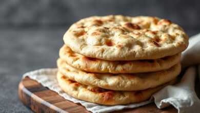 Pão pita dourado, macio e com o bolso aberto, pronto para rechear.