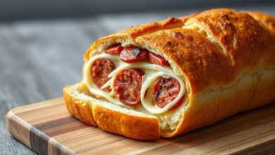 Pão de forma dourado com casca levemente crocante, fatiado para revelar o interior fofo e repleto de pedaços de calabresa e fios de mussarela.