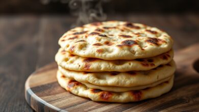 Pães sírios dourados, empilhados e com bolhas características, prontos para rechear.
