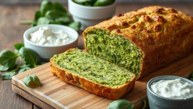 Pão caseiro fatiado com casca dourada, miolo verde vibrante e textura macia, servido em tábua rústica