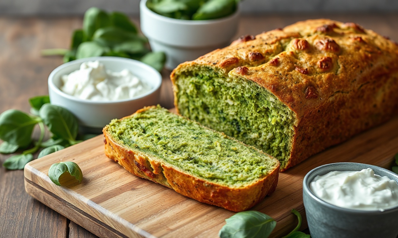 Pão caseiro fatiado com casca dourada, miolo verde vibrante e textura macia, servido em tábua rústica