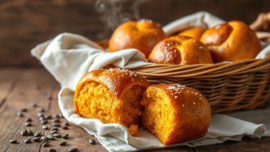 Cesta de pãozinhos de abóbora esponjosos e dourados, com interior macio alaranjado
