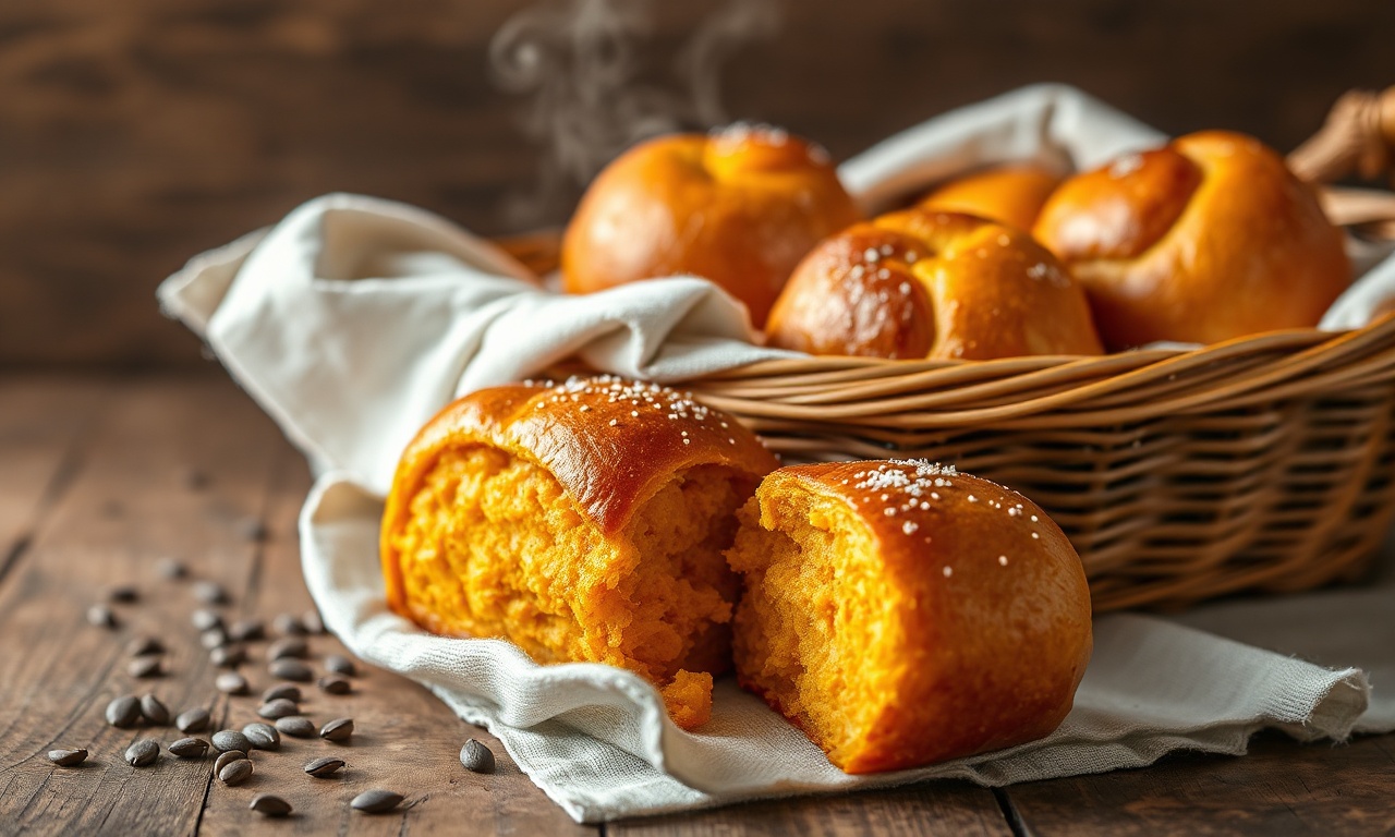 Cesta de pãozinhos de abóbora esponjosos e dourados, com interior macio alaranjado