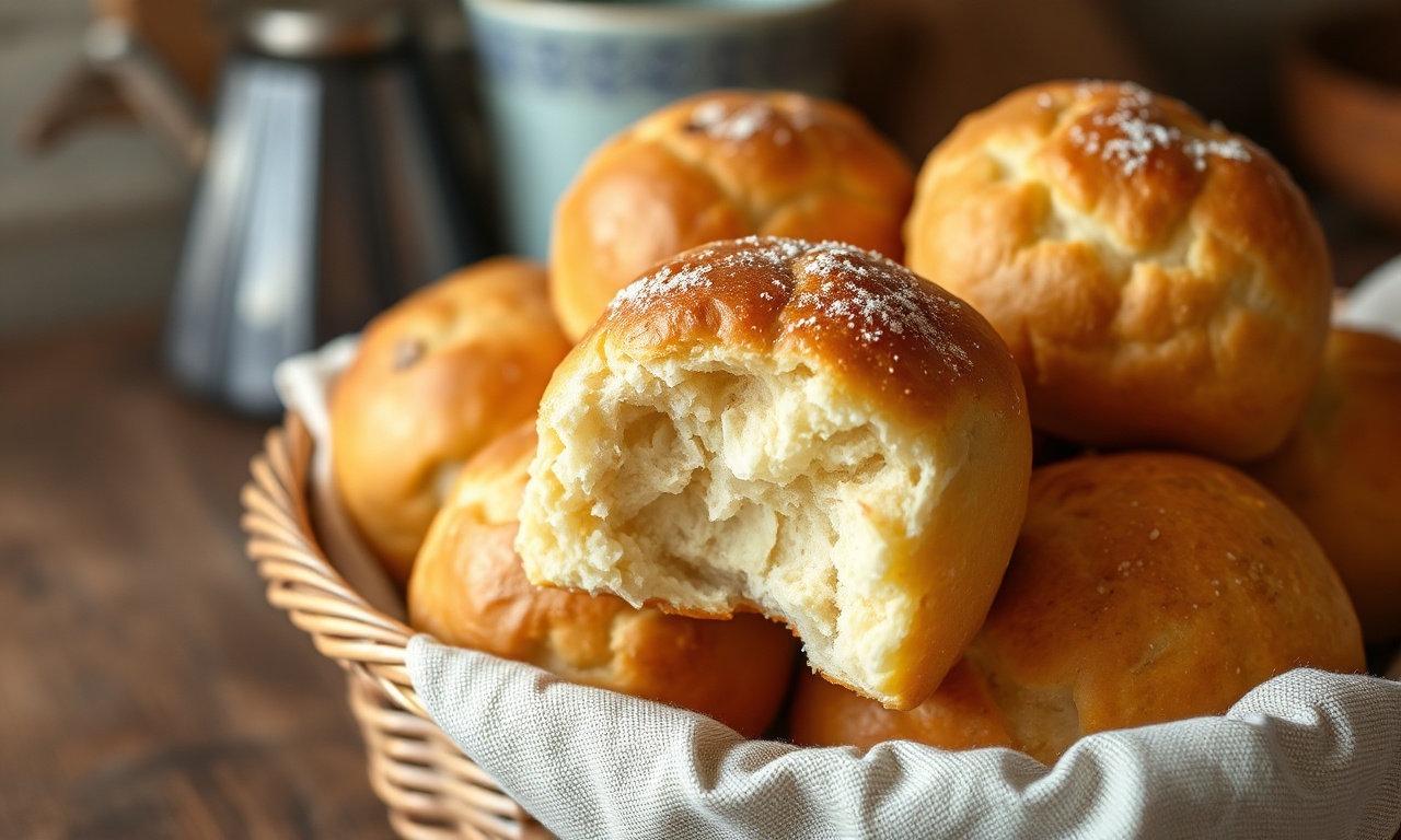 Pãezinhos dourados e fofinhos em uma cesta de palha, com a textura macia visível.