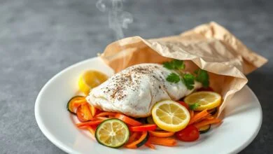 Um pacote de papel manteiga dourado e inflado, recém-aberto à mesa, revelando um filé de abadejo branco e macio sobre uma cama vibrante de cenoura, abobrinha e tomate, com rodelas de limão e salsinha fresca.