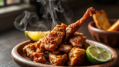 Tiras douradas de passarinha de boi fritas, com casca crocante, servidas em um prato de barro rústico com farofa e fatias de limão.