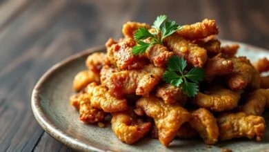 Tiras douradas e crocantes de passarinha de boi frita, perfeitas para um petisco saboroso.