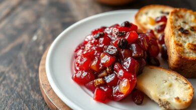 Fatia da pasta firme e rubra com pedaços de frutas secas visíveis, servida ao lado de queijo curado e torradas em tábua de madeira.